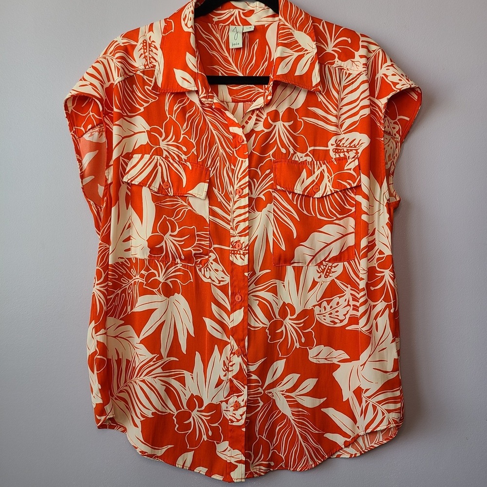 Joie Women's Orang & White Floral Print Button-Up Blouse Top Size‎ L